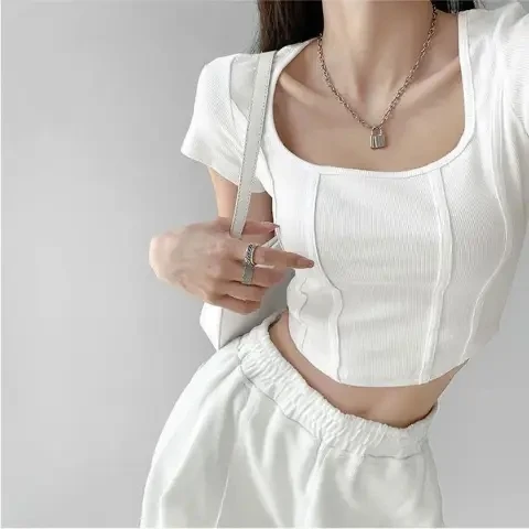 Spicy Girl Pure Desire Fishbone U-neck Short Sleeve T-shirt Women's Summer Slim Fit Sexy Belly Button Baring Short Top