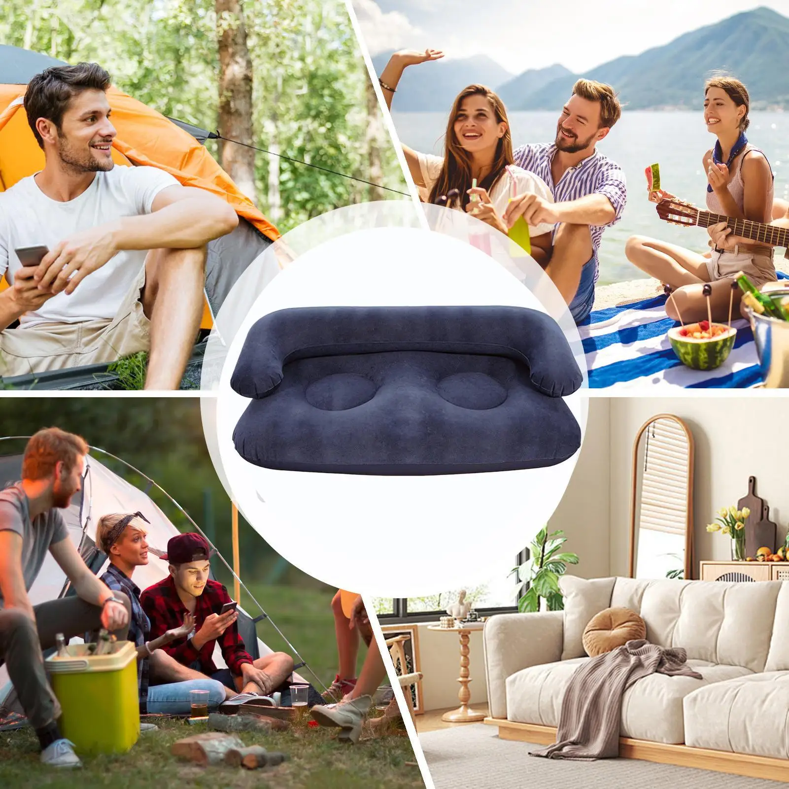 Inflatable Sofa Flocked Portable Comfortable Sofa Camping Blow Up Couch For Patio Garden Yard Deck Porch Balcony Indoor Bedroom