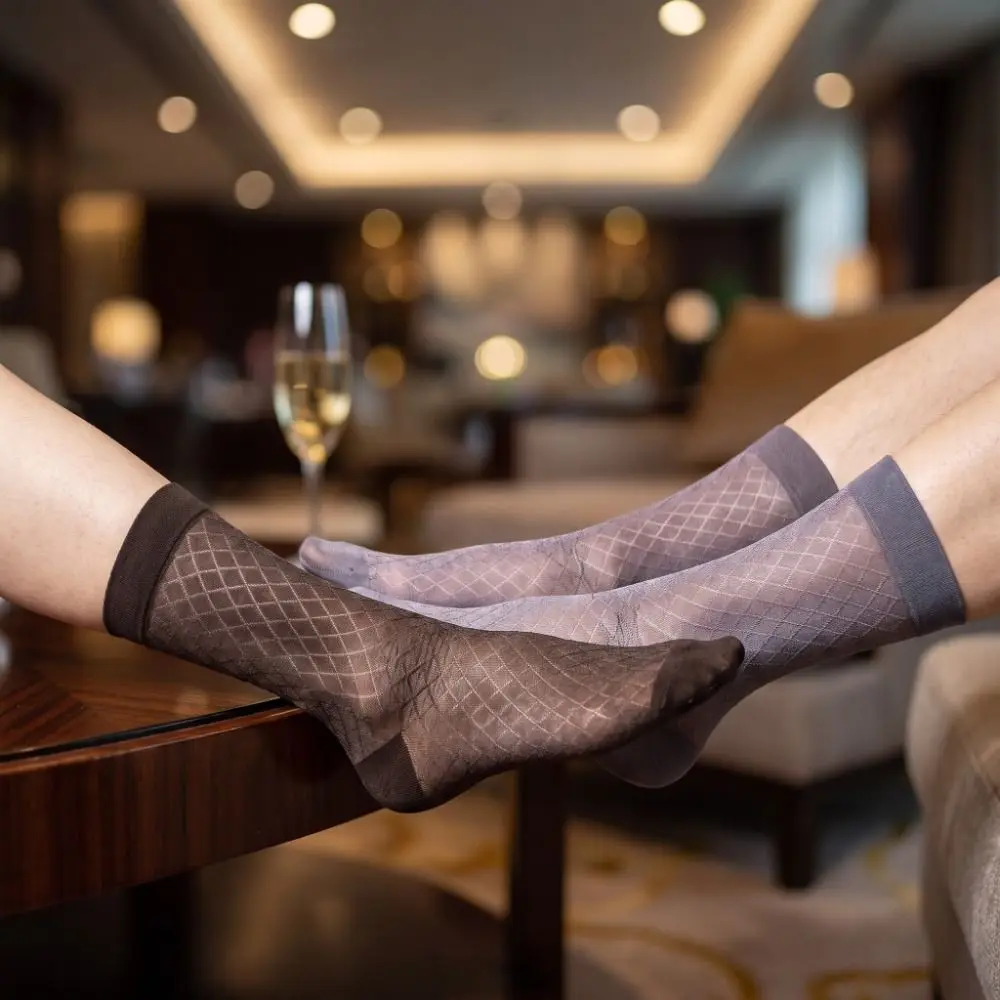 Suit Socks Mid-calf Dress Socks Strip Grid Thin Socks Mesh Thin Business Socks Summer