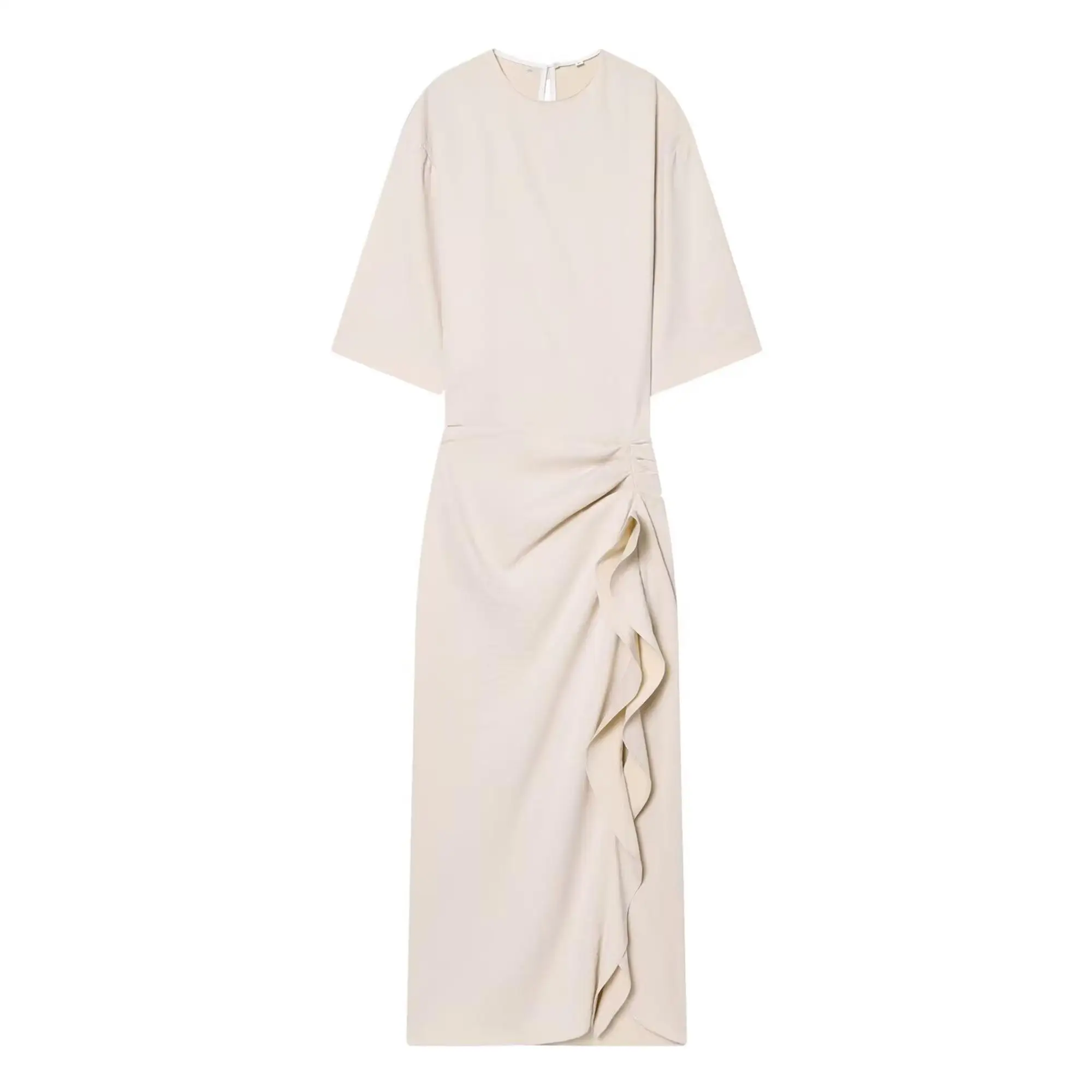 TFMLN Damen Einfarbiges Langes Kleid Rundhals Lange Ärmel Rüschenkanten-Dekoration Sommerkleidung Modische Elegante Schlanke Kleider – Detail 2