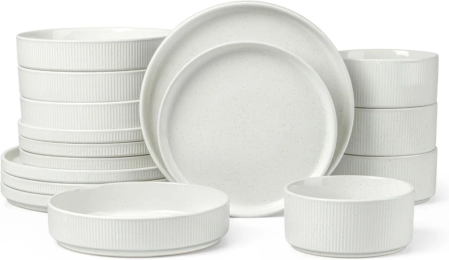 

Dinnerware Sets with Pasta Bowls for 4, 16 Piece Stoneware Plates and Bowls Set, Ribbed Dishes