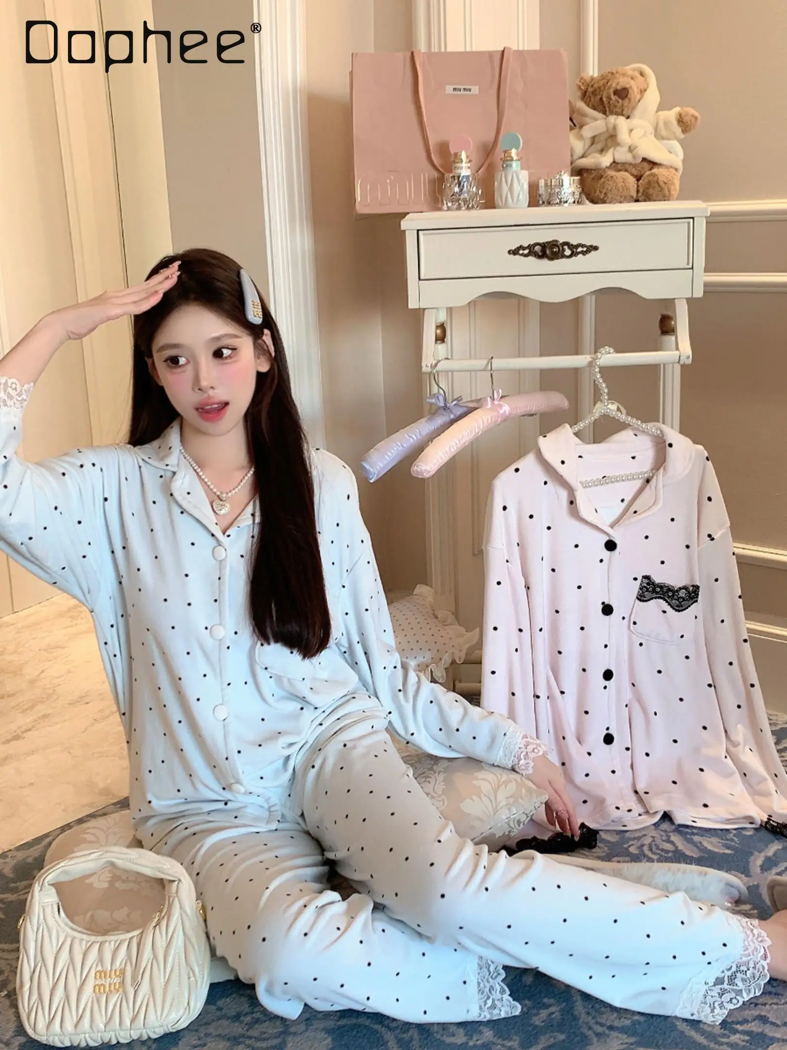 

Sweet Girl Polka Dot Loungewear Korean Style Warm Soft Lace Patchwork Long Sleeve Lapel Pajama Sets Blue Pink Autumn New