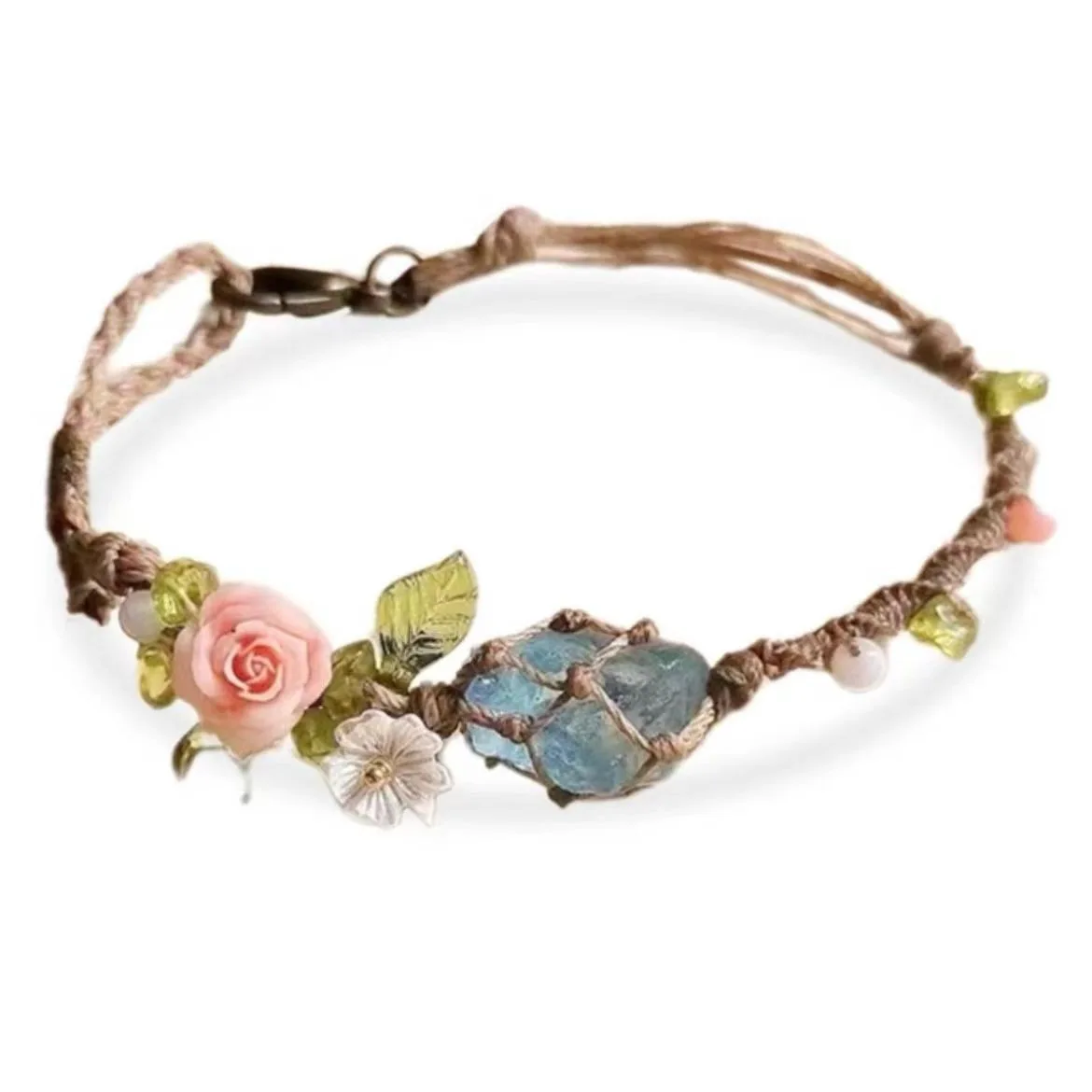 Hand Woven Synthetic Cord Natural Raw Aquamarine Bracelet Stone Net Bag Adjustable Friendship Jewelry Gift For Girls