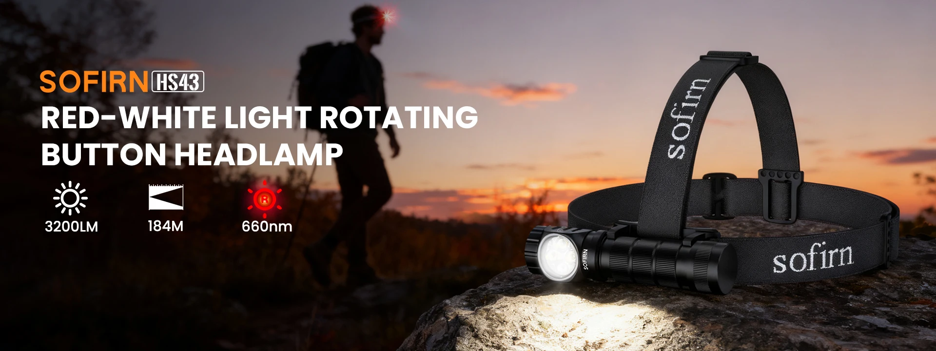 SOFIRN HS43 Headlamp 3200 Lumens Red/White Spot/Flood Light 21700 USB-C Rechargeable Flashlight Quick-Release Mount