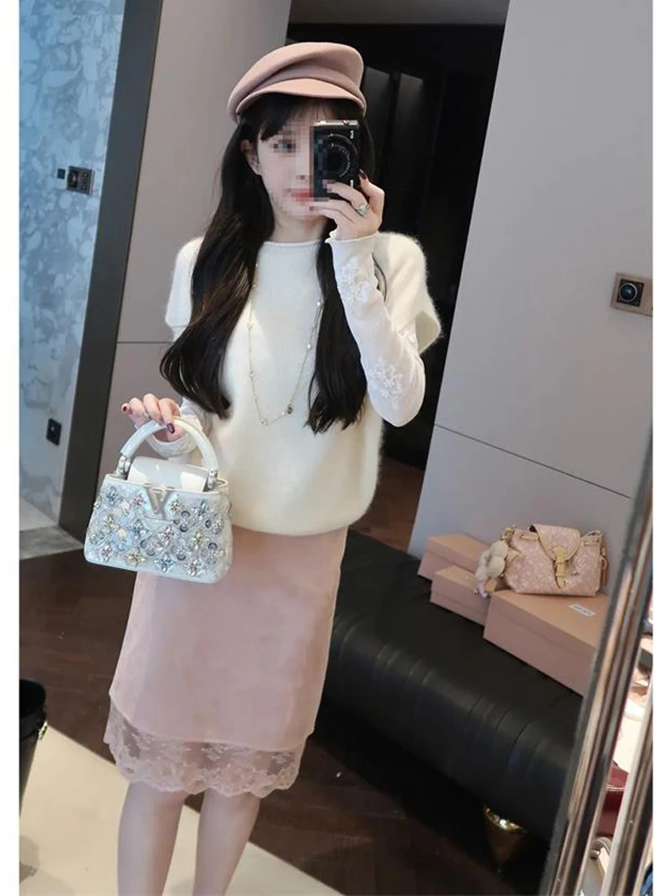 Thai Beauty Heavy Embroidery Lace Inner Design Absolutely Beautiful Base Layer Korean Style Slim Fit Long Sleeve round Neck T...