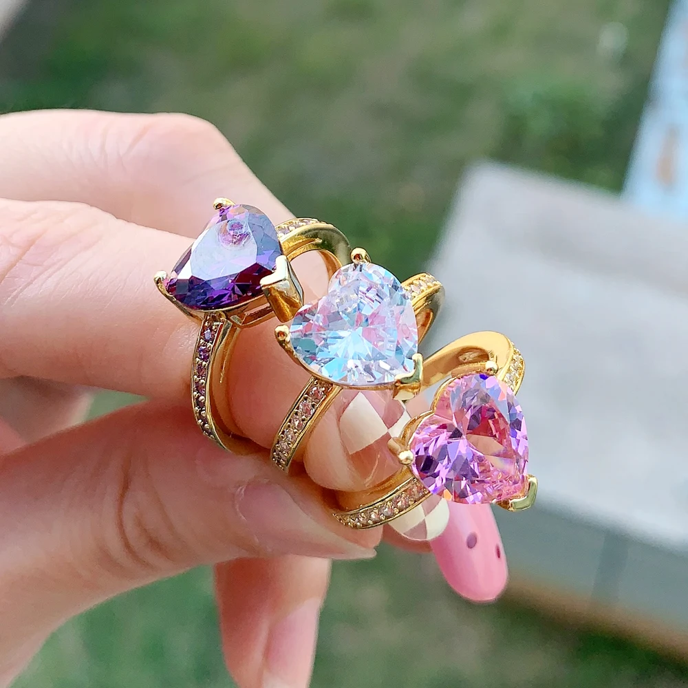 New Gold Color Rainbow Colorful Cz Paved White Pink Purple Heart Cz Band Finger Rings Engagement Wedding Jewelry for Women