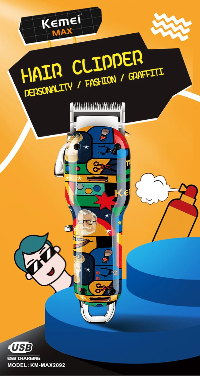 Kemei Rechargeable Graffiti Pattern Electric Hair Clipper Professional Barber Trimmer Man Shaver Km-MAX2092 KM-MAX5090 KM-RS7098