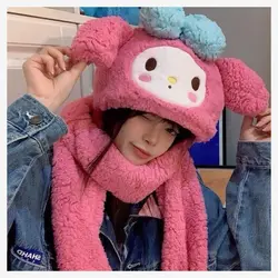 Sanrio Anime Girl Winter Scarf Kuromi Hat Scarf Gloves Cartoon Women's Scarf Cinnamoroll Plus Velvet Keep Warm Student Gift