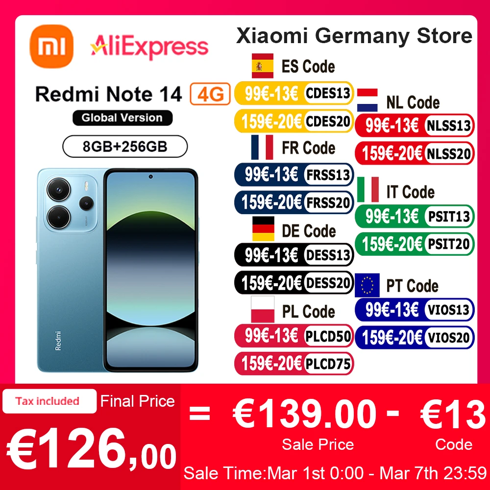 Globale Version Xiaomi Redmi Note 14 5G Smartphone NFC MTK Abmessung 7025-Ultra 108MP Kamera 5110mAh Akku 45W Turbo Charging Corning Gorilla Glass 5 120Hz Augenpflegeanzeige IP64 staub- und