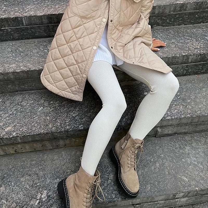 Aro Lora Beige Ribbed Knit Leggings Women High Waist Cotton Fitness Basic Pants Casual Autumn All-Match Female Skinny Leggings