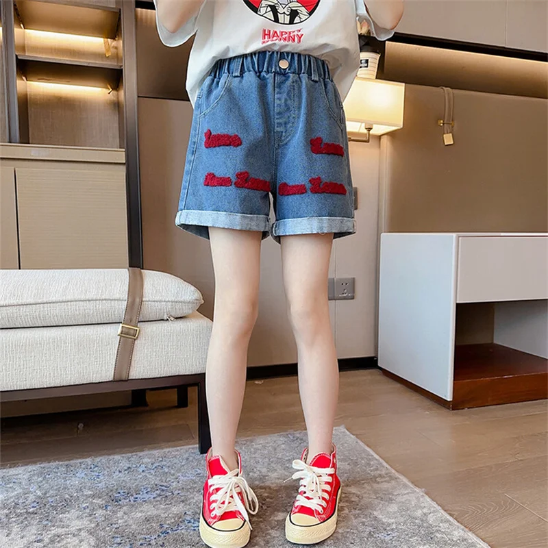 

2024 new denim shorts for girls 6-12 years old 15 years old summer embroidered pants fashion