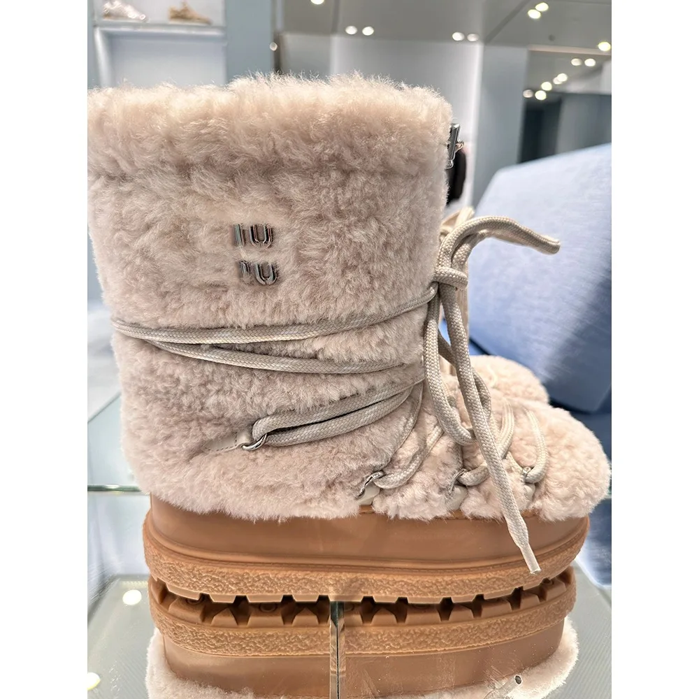 NIGO Women\'s Fall And Winter White Lamb Wool Snow Boots Warm Lace-up Elegant Versatile Fashion Casual Short Boots #NGSH1235