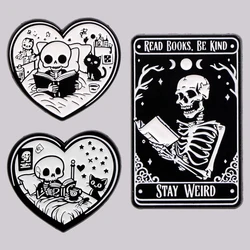Black Cat Enamel Pin Reading Skeleton Brooch Pines Lapel Pins Badge on Backpack Clothes Accessories Punk Jewelry Book Lover Gift