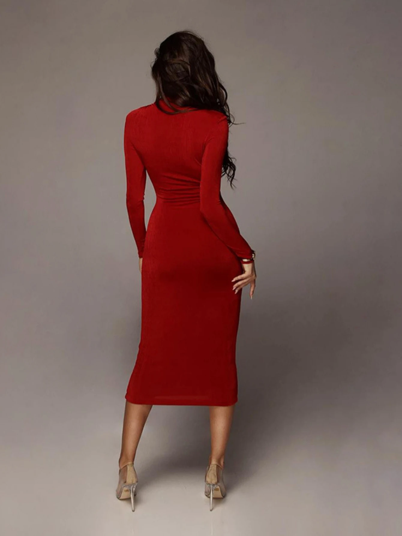 Bangniweigou Ruched Waist Wrap Midi Dress Women Elegant Long Sleeve Bodycon Party Dress Autumn Skinny Robe Femme Sheath