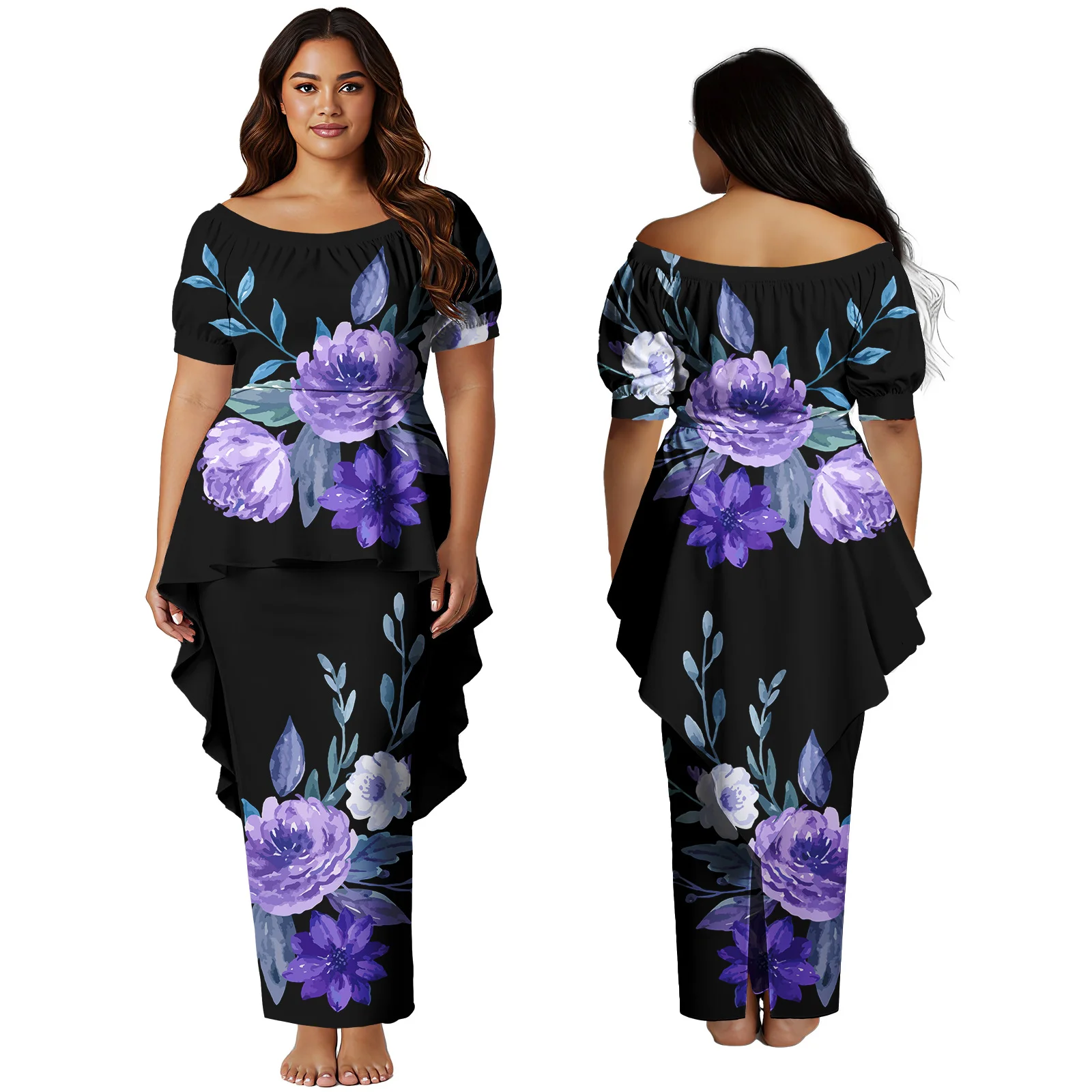 Tout nouveau Design robe Maxi personnalisée haut de gamme hawaïen Puletasi Samoan manches courtes jupes longues Polynésien Puletasi 2 pièces ensemble robes
