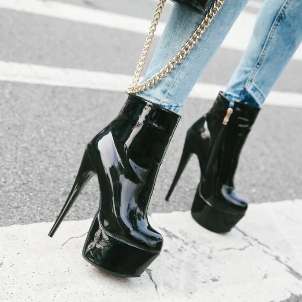 

Big Size 35-47 Patent Leather Women Boots Round Toe Side Zipper Super High Heels 16CM Pumps 2026 Sexy Platform Party Shoes Woman