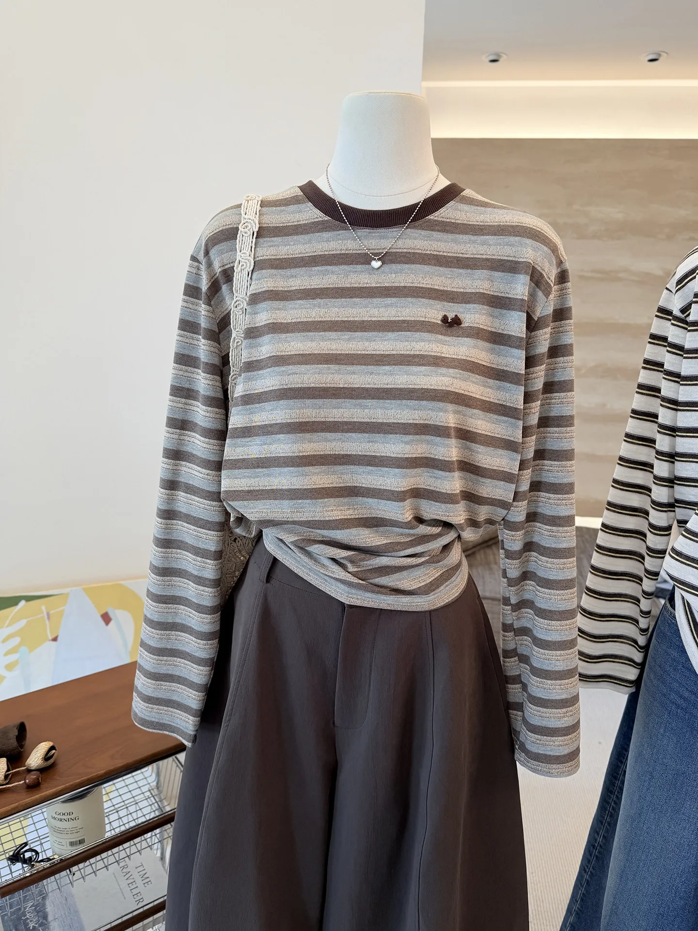 Korean Style Loose Basic round Neck Long Sleeve T-Shirt Women's Casual Striped Color Block Autumn New Style under Shirt