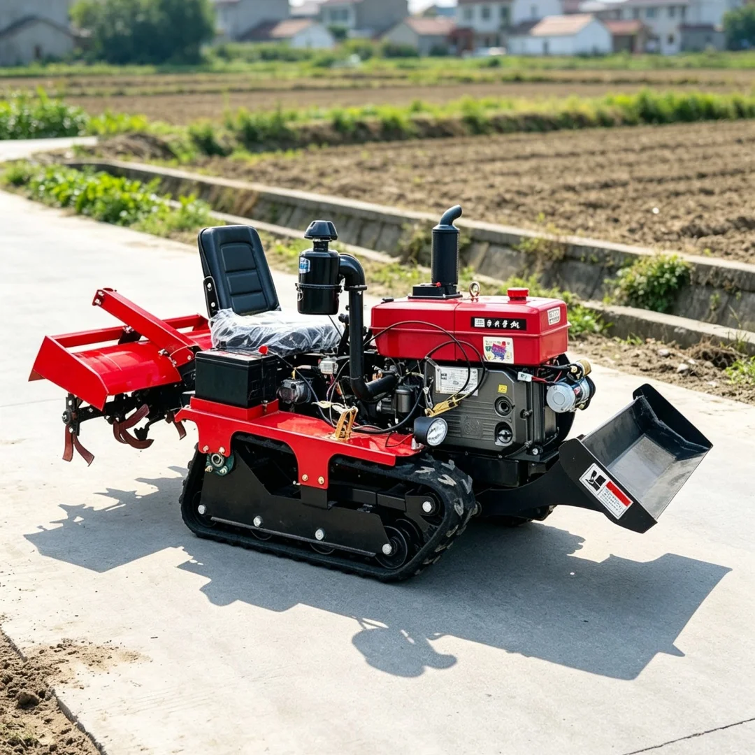 Motoculteur sur chenilles personnalisé avec chenilles en caoutchouc résistantes à l'usure, pour une utilisation prolongée dans les vergers et les terres agricoles.
