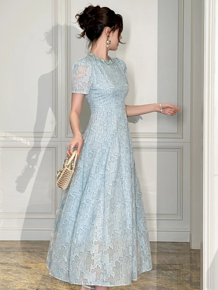 Women's Exquisite Elegant Party Dress Lady Pearl Flowers Trim Swing Long Robe Feminine Tea Party Vestido Prom Banquet Gown Femme