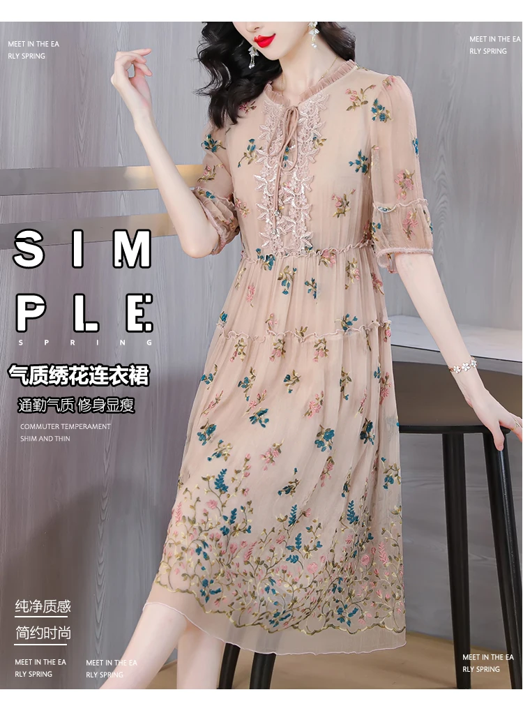 Women Floral Natural Silk Embroidery Midi Dress Spring Summer Fahsion Casual Beach Maxi Sundress Elegnat Loose Dress