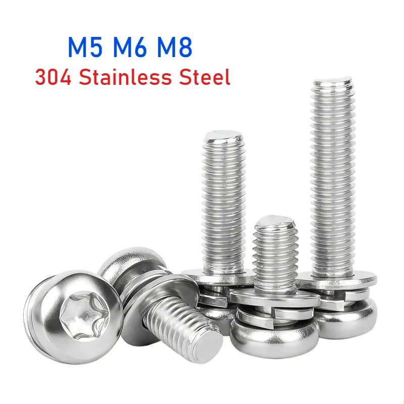 Peijian M5 M6 M8 304 Stainless Steel Round Pan Round Torx Screw With Flat & Spring Washer Assembly Screws