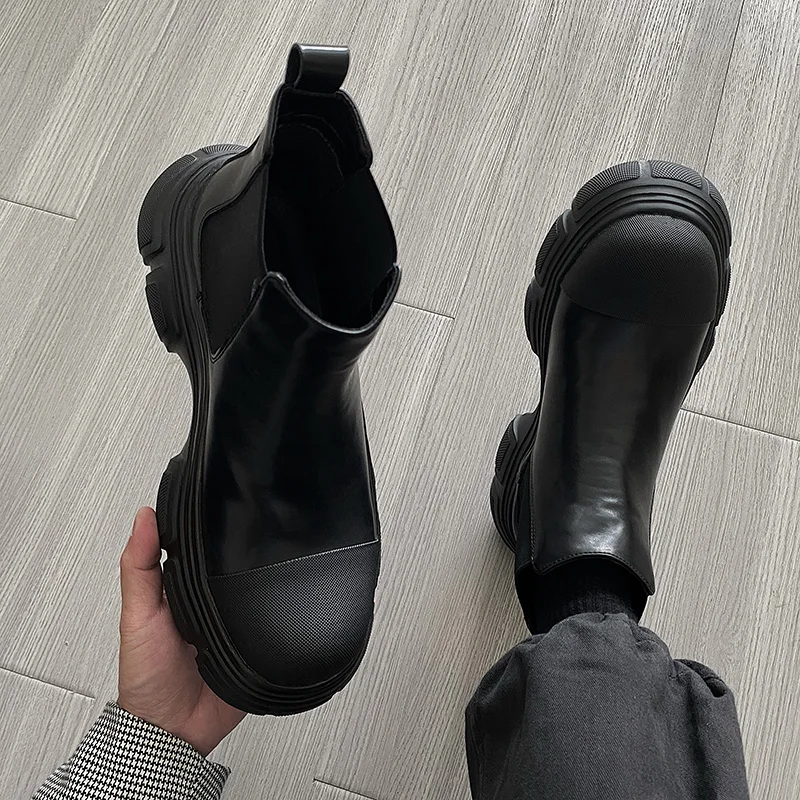 Dark Shell Head Mating Boots dla mężczyzn z wysokim stanem i wszechstronną grubą podeszwą Chelsea Boots Big Head Modne krótkie skórzane buty