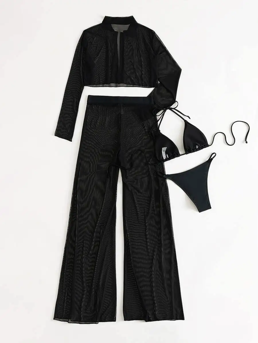 

Black Mesh Cover Up Set With Triangle Bikini And Wide Leg Pants