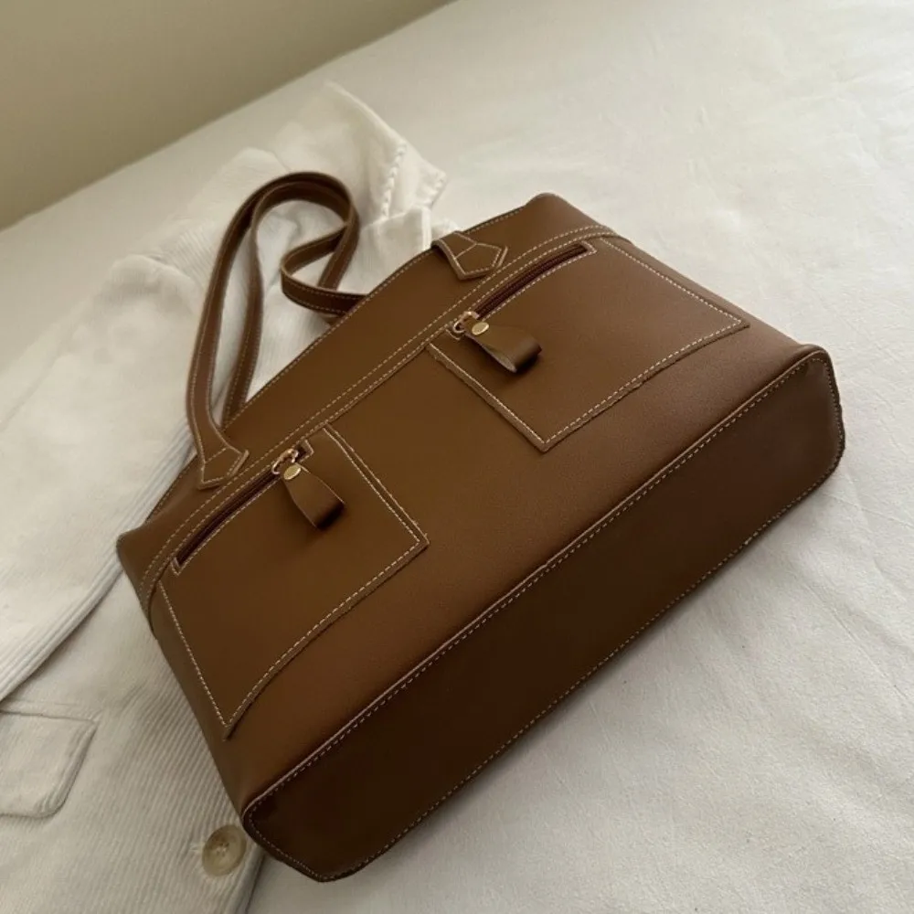 Fashion Large Capacity Double Pockets Commuting Bag PU Leather Stylish Shoulder Tote Bag Versatile Vintage Underarm Bag Work