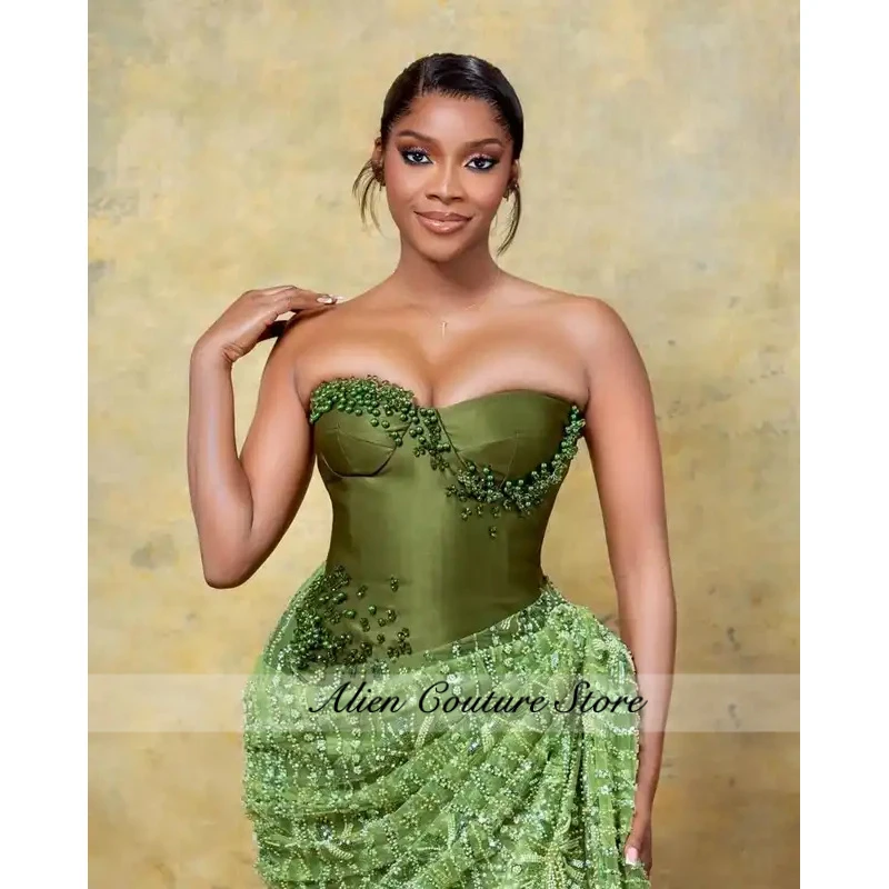 Strapless Green Lace Dress Corset Nigerian Wedding Guest Gown African Birthday Dresses Luxury Pearls Wedding Second Dress Custom