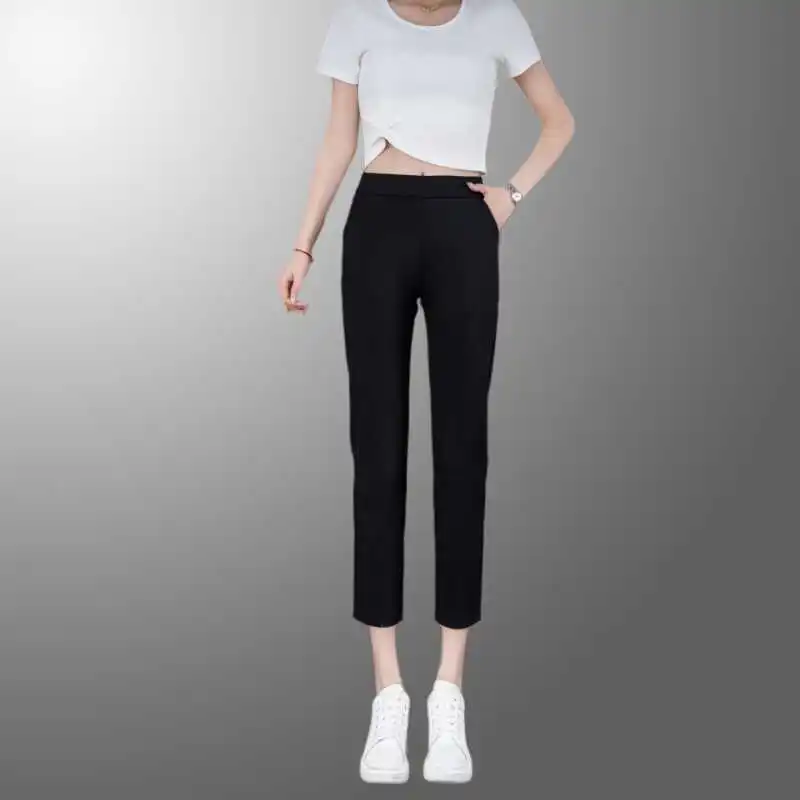 Pantaloni estivi a gamba dritta slim a vita alta in seta di ghiaccio da donna Casual a nove punti piccoli piedi vestibilità ampia per pendolari Sle versione coreana