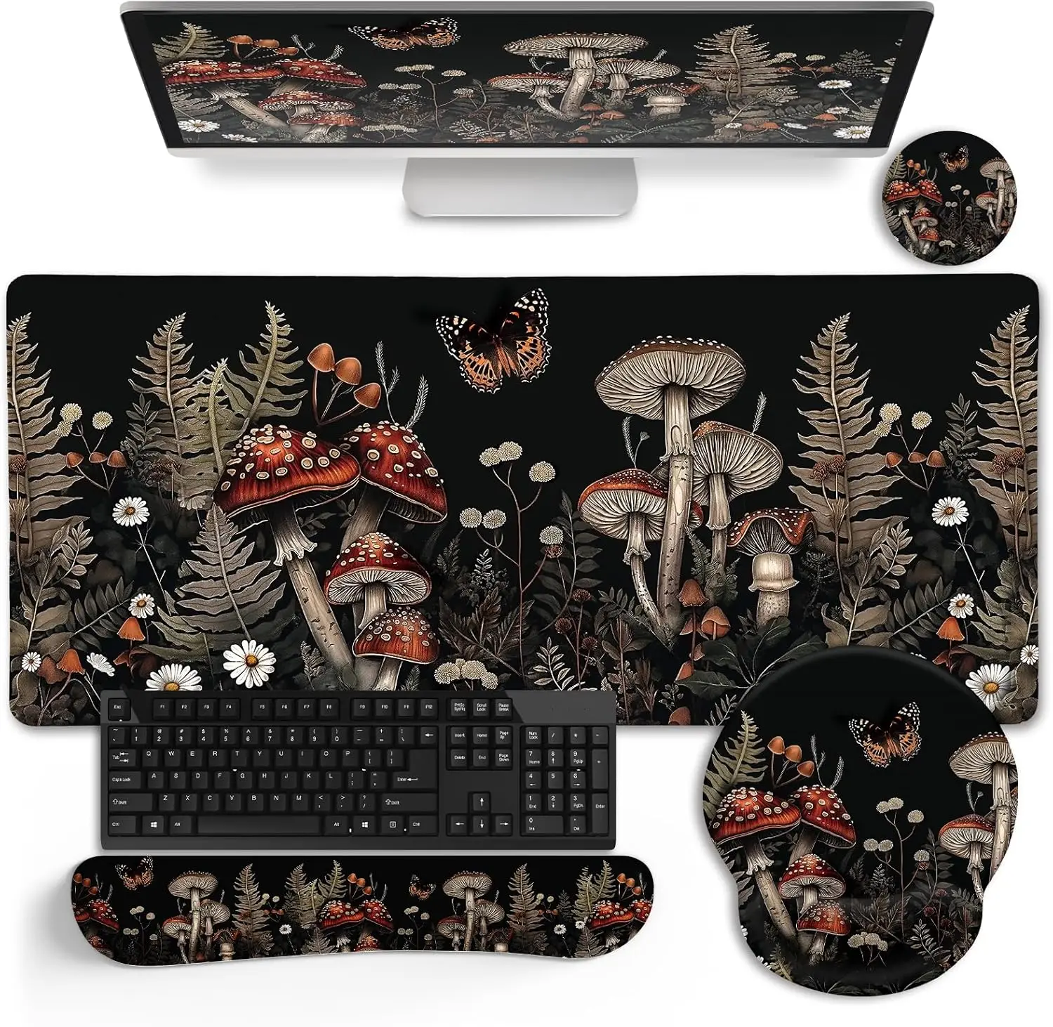 Mushroom Mouse Pad Set Large Desk Matt for Desktop, Ergonomic Mouse Pad with Wrist Rest, Gaming Mouse Pad Wrist Support