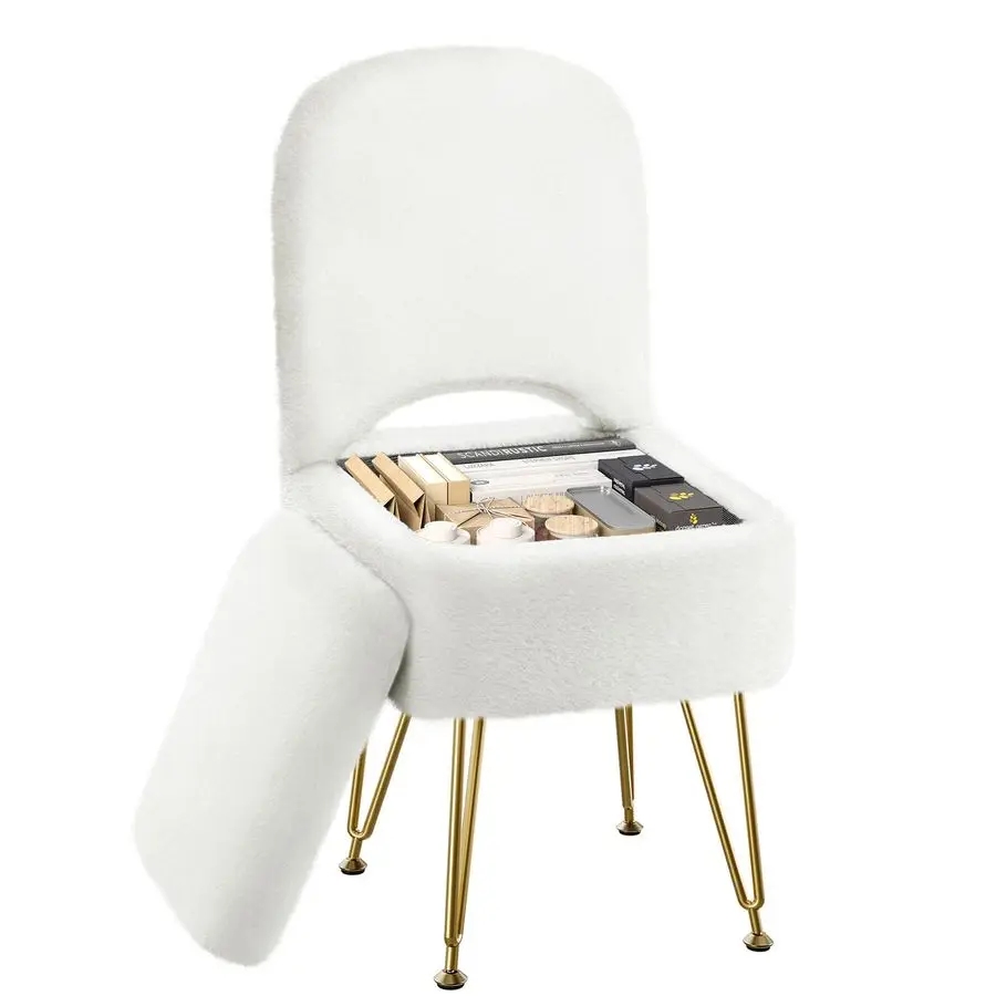Vanity Stool Chair with Storage and Folding Back, 15.8 x 16.5 x 33 Square Faux Fur Soft Ottoman, 4 Metal Legs with AntiSlip Feet