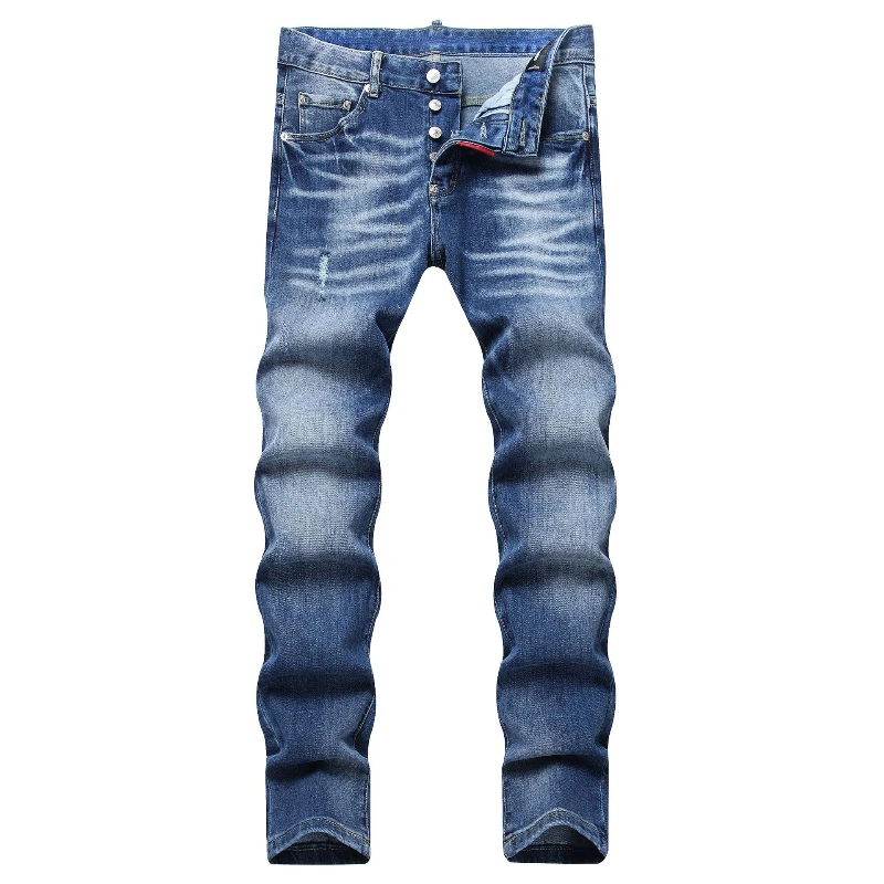 

New Mens Ripped Jeans Luxury Brand Light Blue Holes Long Trousers Quality Male Fashion Stretch Slim Pants 58 Men Skinny Jeans