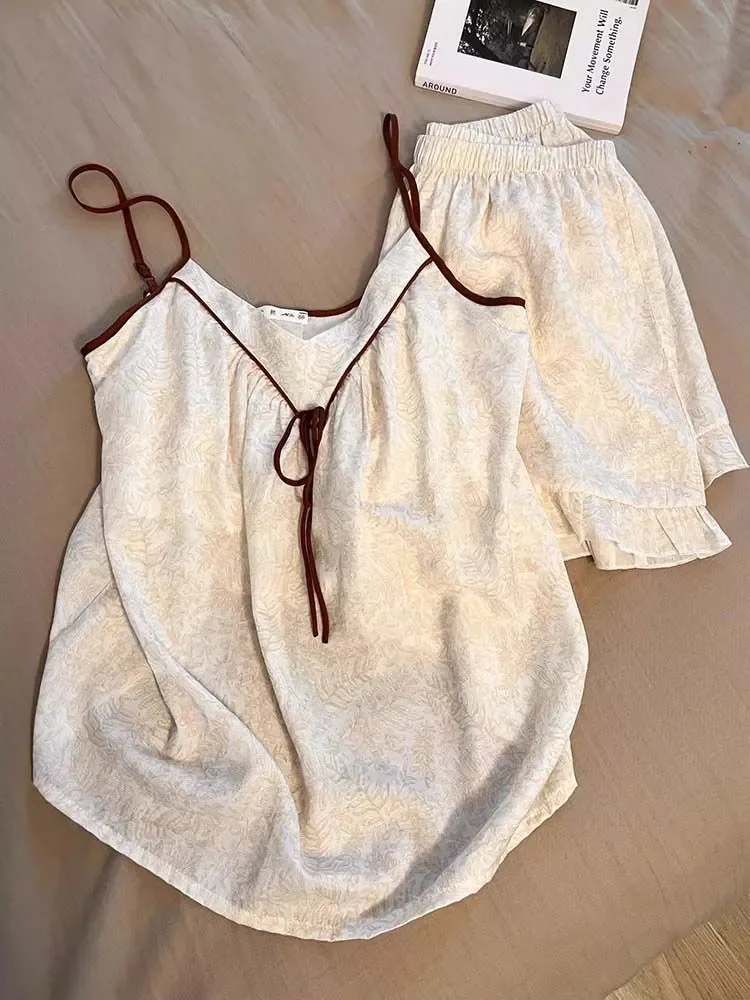 

Women's 2 Pieces Strap Vest Top Pajamas Sleeveless V-Neck Set Casual Sleepwear Suit Sexy Solid Home Clothes Summer Wear