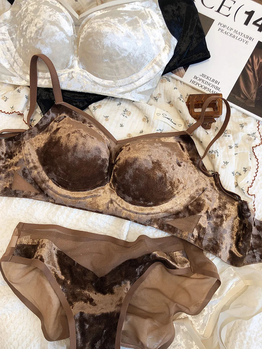 Velvet small chest no steel ring bralette no trace gathering side breast bra set sexy on thin under thick comfortable underwear