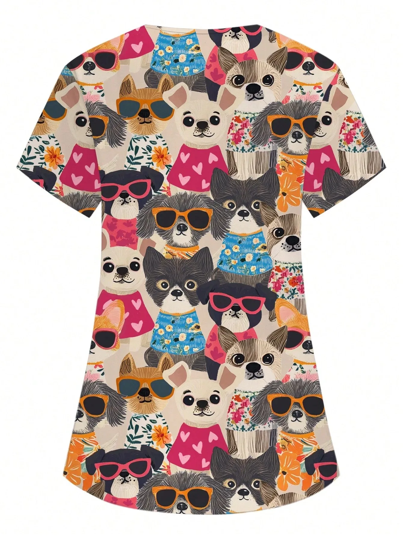 Women's Surgical Gown, Cartoon Animal Print Veterinary Nurse Top, Fashionable V-neck Short-sleeved T-shirt, Medical Uniform view 3