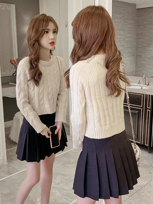 

Spring Autumn Short Knitted Sweater Women's Pure Color Overhead Twist Knitwear Sweet Style Slim Fit Cotton Lined Mixed Material