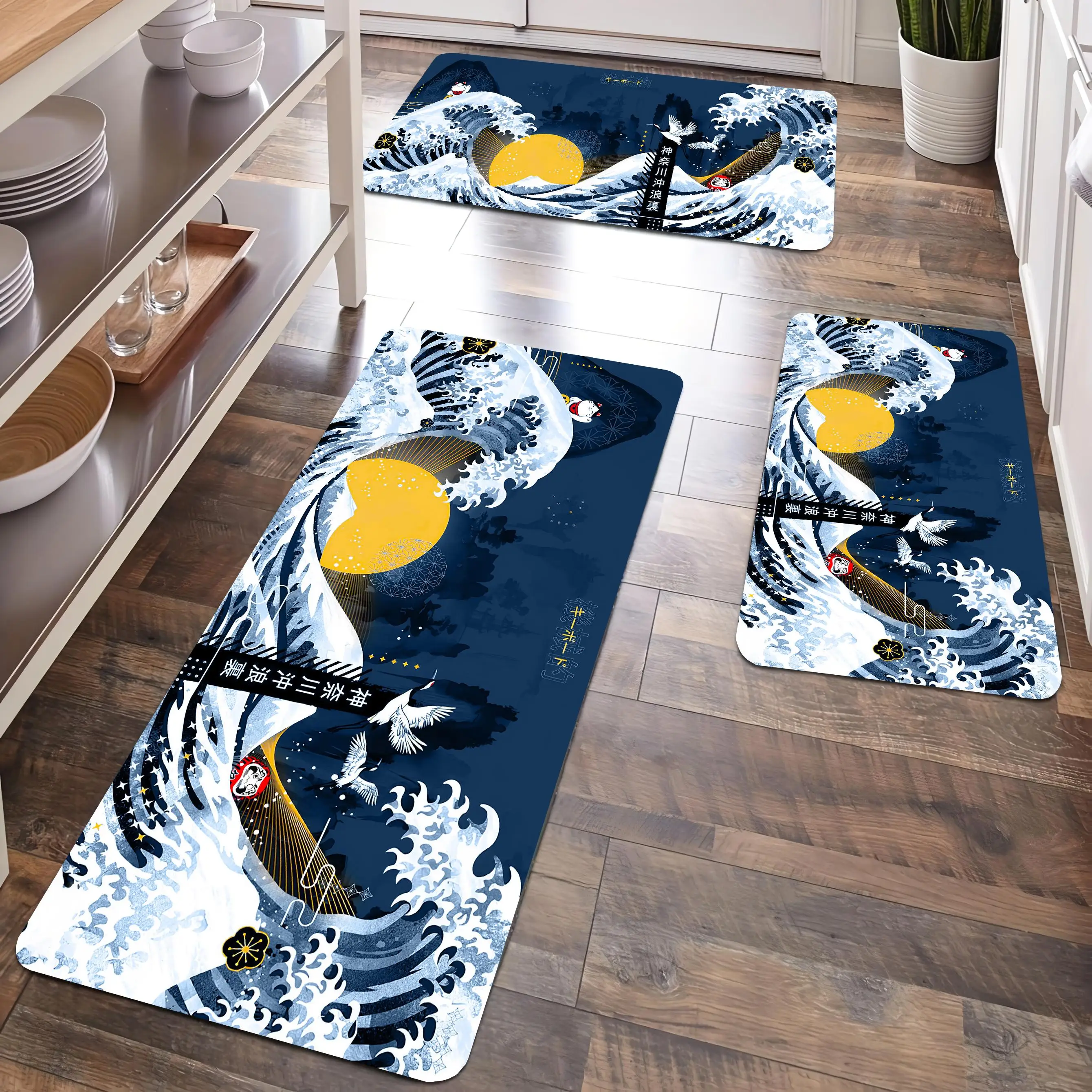 

Japan Style The Great Waves Kitchen Carpet Flannel Non-slip Bathroom accessories Mat for Livingroom Entrance Foot mat Home Decor