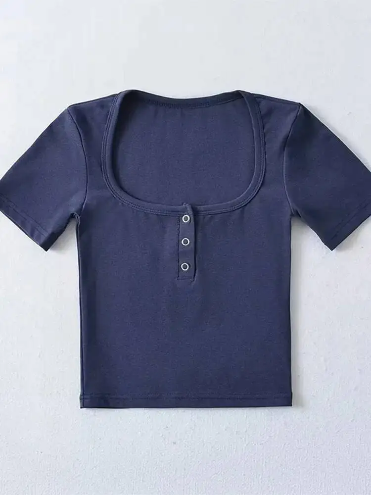 T-shirt court à manches courtes et boutons sur le devant pour femmes