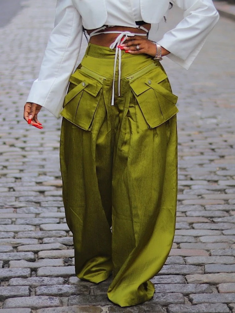 

Брюки-карго XIZOU женские, модные повседневные штаны, уличная одежда, со съемными 3D карманами, широкие брюки с завышенной талией, лето 2024