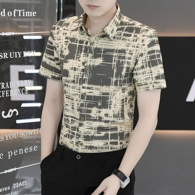 

Fashion Lapel Printed Letter Vintage Shirts Men's Clothing 2025 Summer New Loose Short Sleeve All-match Tops Business Shirts