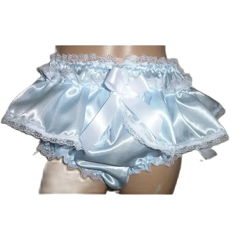 

Adult Sissy Blue Satin Lace Lace Inlaid with Ribbon Bow Tie Embellished with Sexy Triangle Shorts