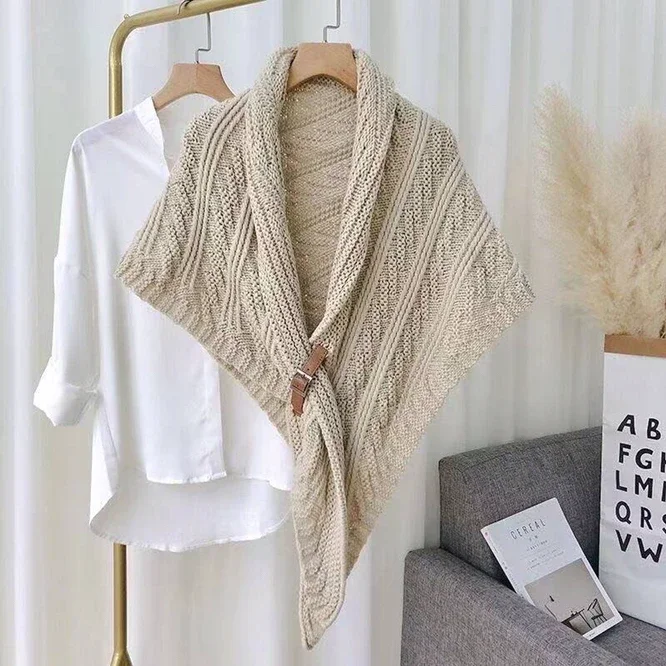 

Fashion Korean Version Spring Autumn Leather Buckle Shawl Fork Triangular Cape Women's Knitted Scarf Girl Bib Scarf Beige