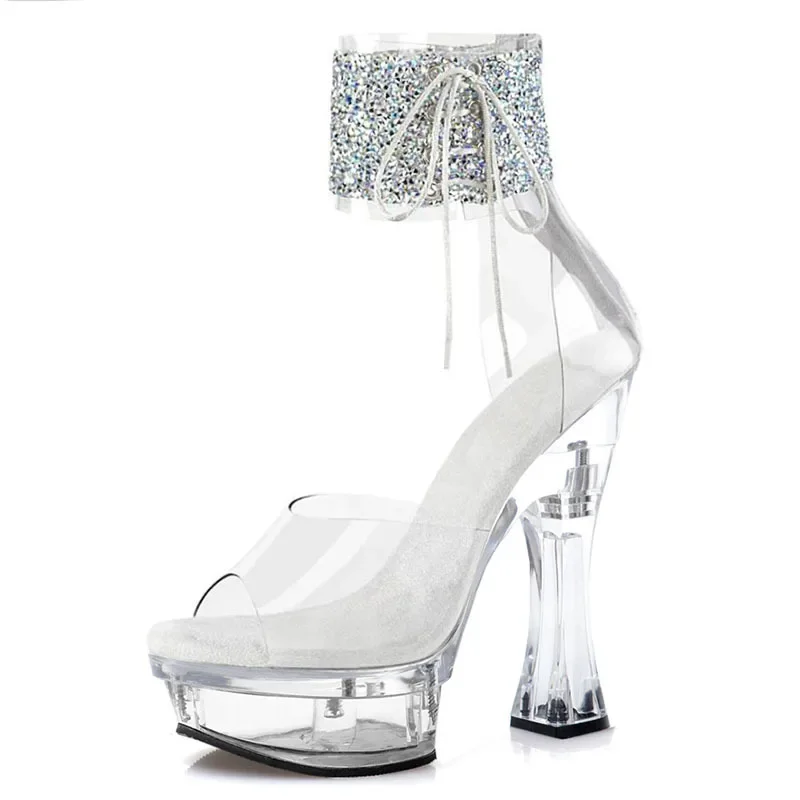 Women\'s Sandals Sparkling Pink Transparent Crystal Sex Pole Dance Sexy Nightclub Buckle Strap Waterproof Platform Women Shoe