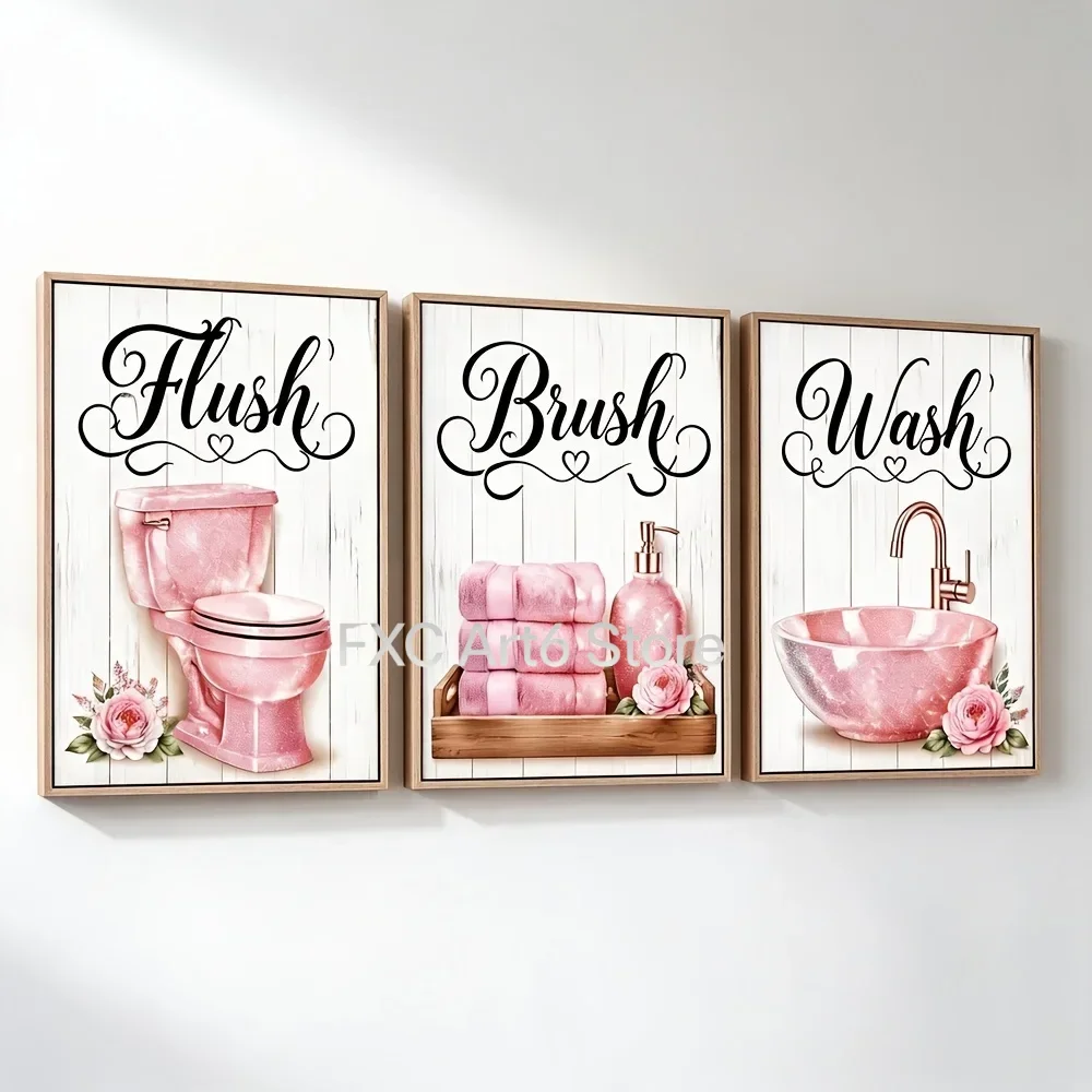 3pcs frameless -2D Flat, Posters And Prints,  Canvas Wall Art Set of 3 Pink Glitter Bathroom Canvas Prints, White Woo