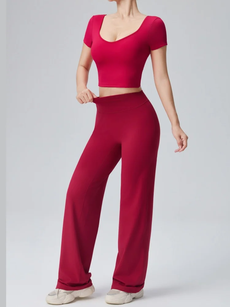 2-teiliges Set Damen Gym Sport Yoga Anzug, einfarbig, rückenfreie Yoga-Unterwäsche mit Brustpolster, hochtaillierte Push-Up-Hose mit weitem Bein – Detail 7