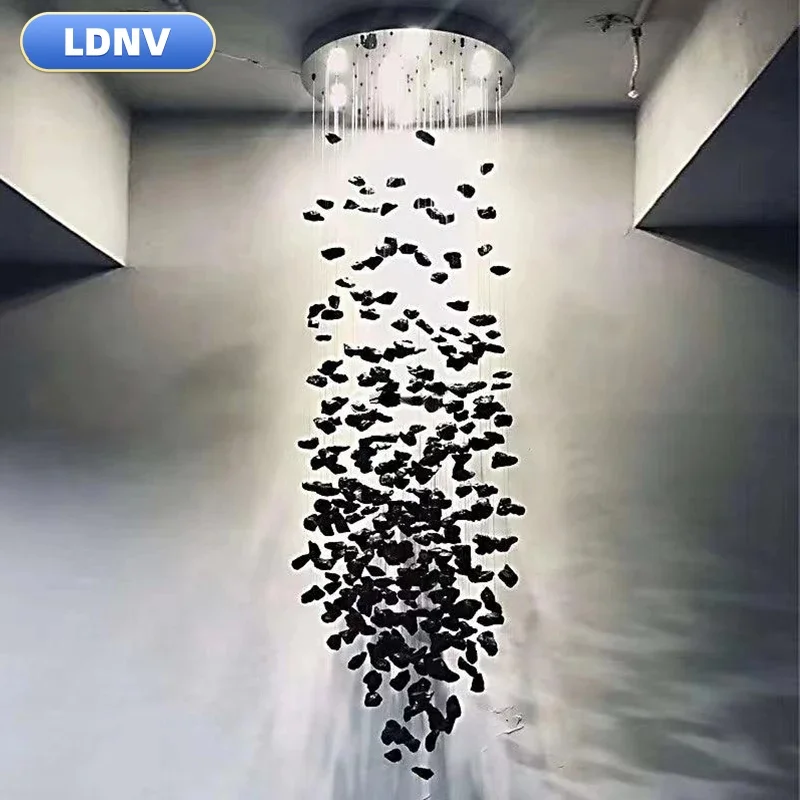 Black Art Luxury Stone Crystal Chandelier for Stair Corridor Hall Modern Crystal LED Chandelier Home Indoor Light Fixtures