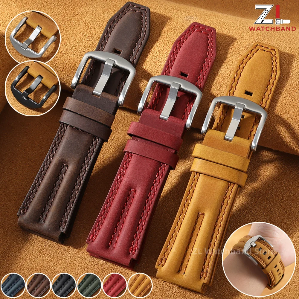 22mm Crazy Horse Leather Watchband Double Stitching Groove Design Strap for Rolex for Seiko Replacement Genuine Leather Bracelet