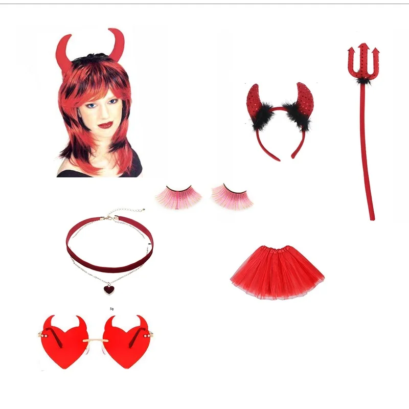 

Red Devil suit (horns, forks, glasses, wigs, etc.) Strange costume Devil Halloween costume