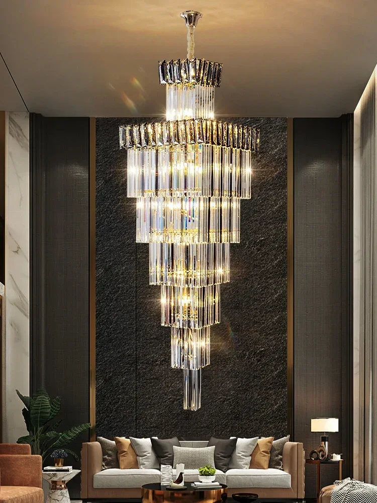 

Long Chandelier Lighting Living Room Luxury Gold Metal Round Luster K9 Crystal Led Pendant Lights Hanging Lamp